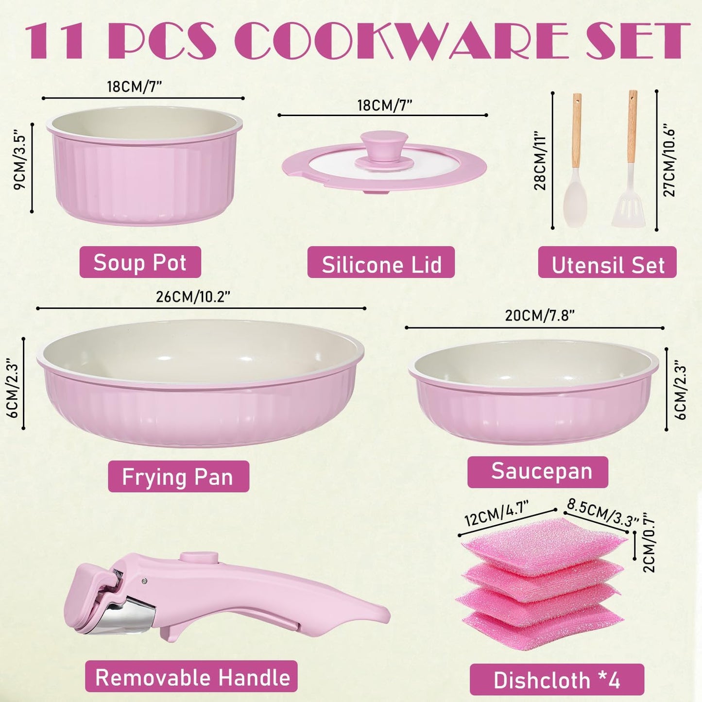 Vivicreate 11 Piece Pots and Pans Set Nonstick with Removable Handle, Induction Cookware, Stackable Kitchen Set for RV Camping Apartment, Frying Pan and Saucepan (Pink)