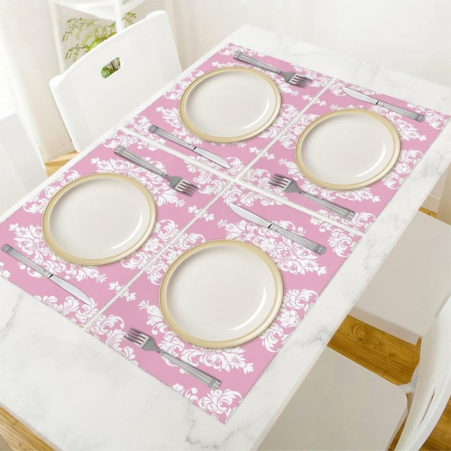 Peach Damask Pattern Placemats Set of 4 - Non-Slip Heat Resistant Place Mats Farmhouse Rustic Table Mats Reusable Hard Canvas Placemat for Dining, Kitchen, Party Indoor/Outdoor Decoration