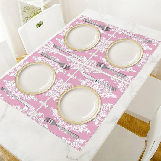 Placemats Set of 4 Heat Resistant Table Placemats Set Washable Easy Clean Placemat Durable Non-Slip Dining Table Mats Set Peach Damask Pattern Kitchen Place Mats for Dining Indoor Outdoor