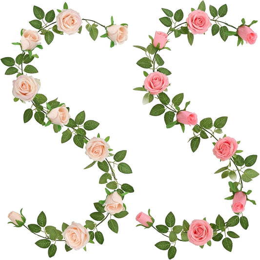 GREENTIME 2Pack Mixed Pink Artificial Rose Flower Garland 13FT Fake Rose Vine Decorations for Wedding Arch Table Wall Spring Home Party Stairs Fireplace Mirror Decor