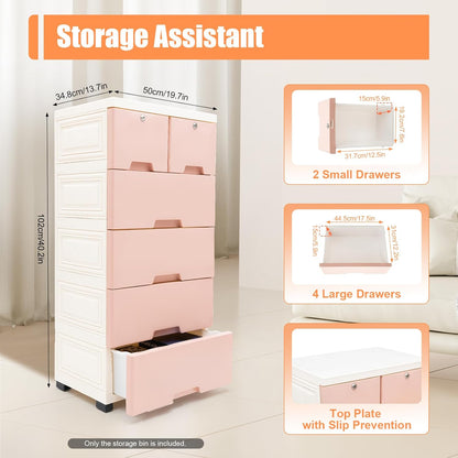 5-Tier Plastic Drawers Dresser with Lock, Storage Dresser with 6 Drawers, Freestanding Movable Tower Storage Drawers Organizer, Tall Dressers Shelf for Living Rooms Furniture (Pink)