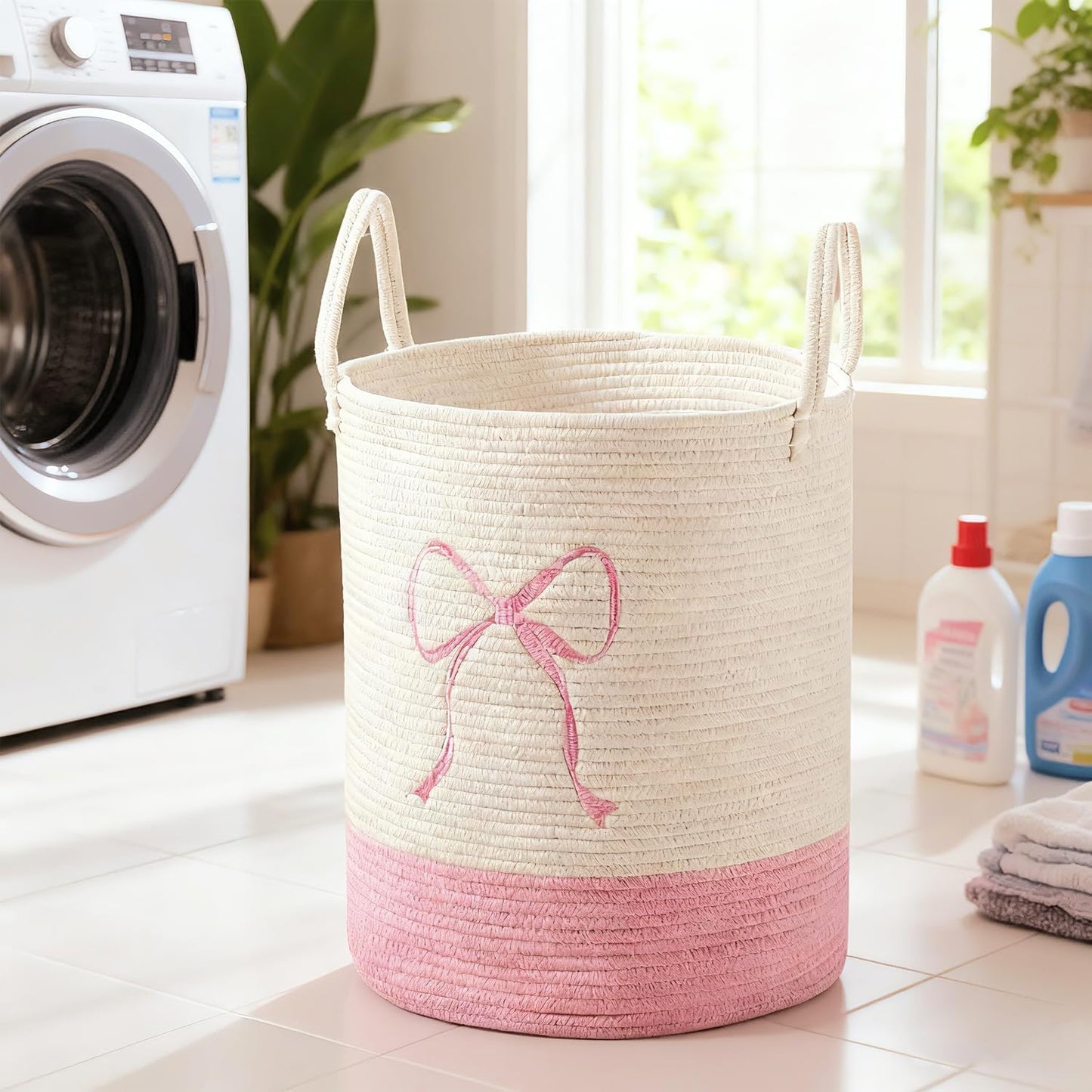 Pink Laundry Basket with Bow, Coquette Bow Laundry Basket - Tall Cotton Rope Nursery Storage Bin, Large Organizer for Blankets, for Kids, Toys & Clothes for Bedroom & Bathroom (Round-50L)