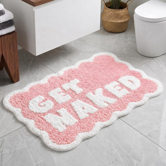 Scalloped Pink Bath Rug, Get Naked Cute Bathroom Rug, Soft Absorbent Quick Dry Bath Mat, TPR Non Slip Backing, Microfiber Mat for Shower Tub Sink Vanity 20" x 31.5"
