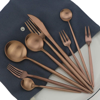 5 Pcs Dessert Spoon Set Silverware Set – 304 Stainless Steel Rose Gold Utensil Salad Spoon Set, Matte Copper Curved Design Cutlery 7.09 inches
