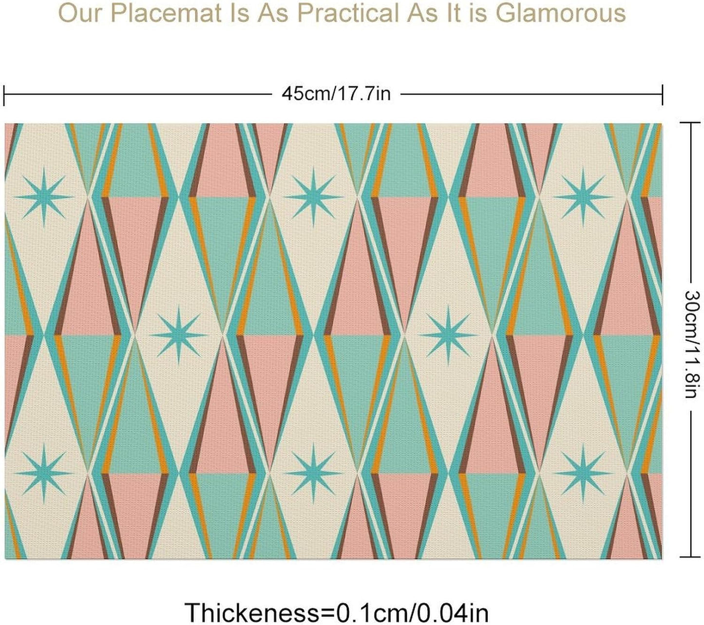 Mid Century Abstract Placemat Set of 6, 12x18 Inch Retro Pink Green Atomic Star Geometric Pattern 1950s Groovy Modern Style Coffee Table Mats for Outdoor Farmhouse Kitchen Dining Table Decoration