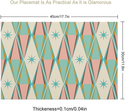 Mid Century Abstract Placemat Set of 6, 12x18 Inch Retro Pink Green Atomic Star Geometric Pattern 1950s Groovy Modern Style Coffee Table Mats for Outdoor Farmhouse Kitchen Dining Table Decoration