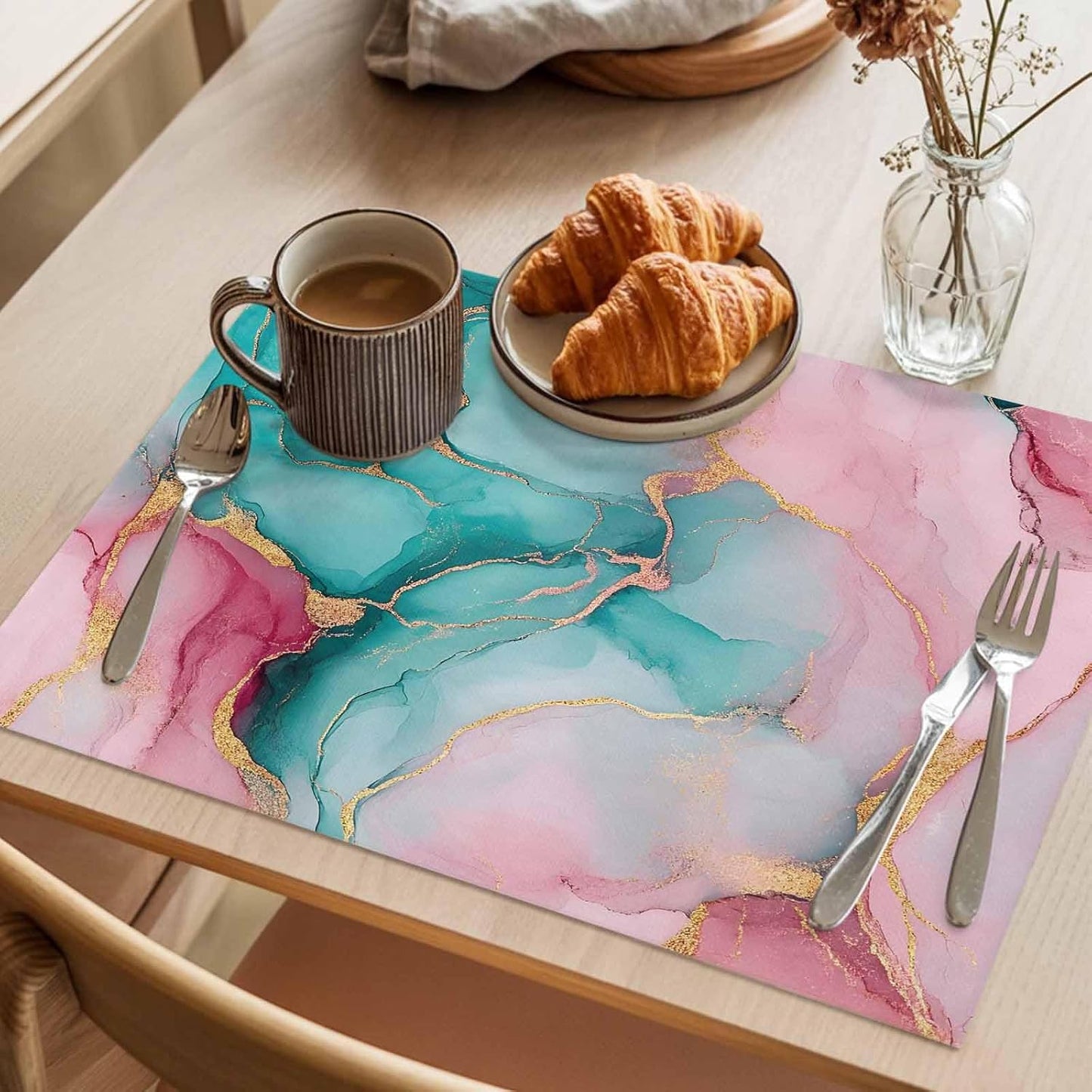 Water Pink Marble Placemat Set of 4 Non-Slip Placemats for Dining Table Abstract Art Washable Table Mats, Heat Resistant Kitchen Table Mats for Party, Dining Room & Home Decor