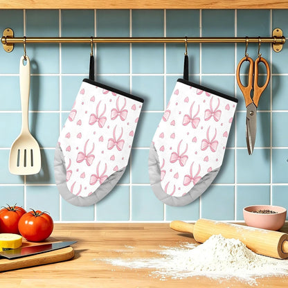 Pink Bows Hearts Non-Slip Oven Mitts Set Heat Resistant Kitchen Gloves with Quilted Liner Cotton Machine Washable with Hanging Loop for Baking Grilling BBQ