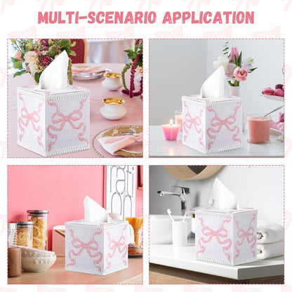 Jingmore Pink Bow Tissue Box Cover Cotton Luxury Coquette Tissue Holder with Magnetic Closure Square Cube Box Holder for Living Room Bathroom Table Desk Home Office Car Decor