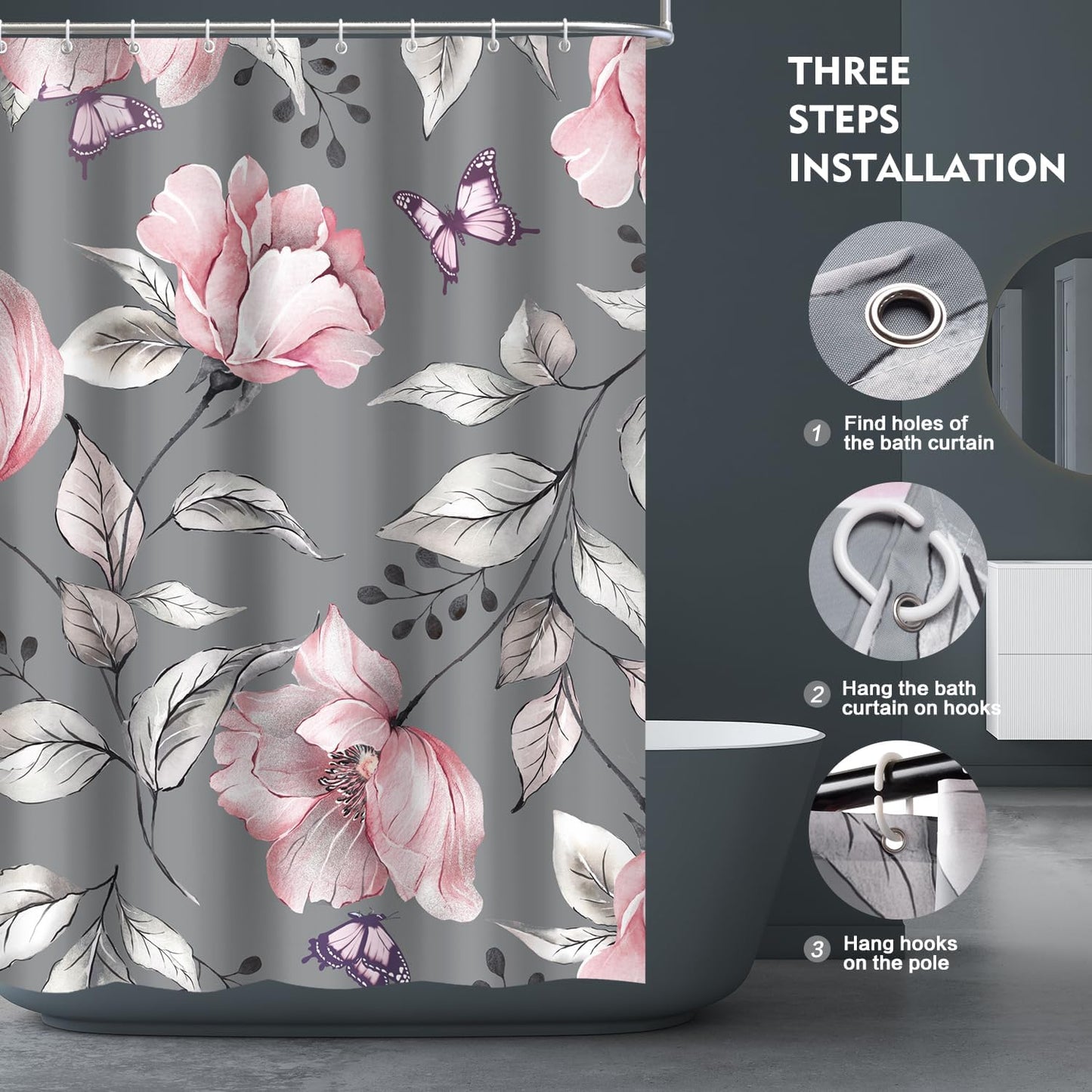 Lokigo Modern Floral Shower Curtain Grey Pink Flower Fabric Shower Curtains for Bathroom Home Hotel Plants Shower Curtain with Hooks, 72 x 72 Inches