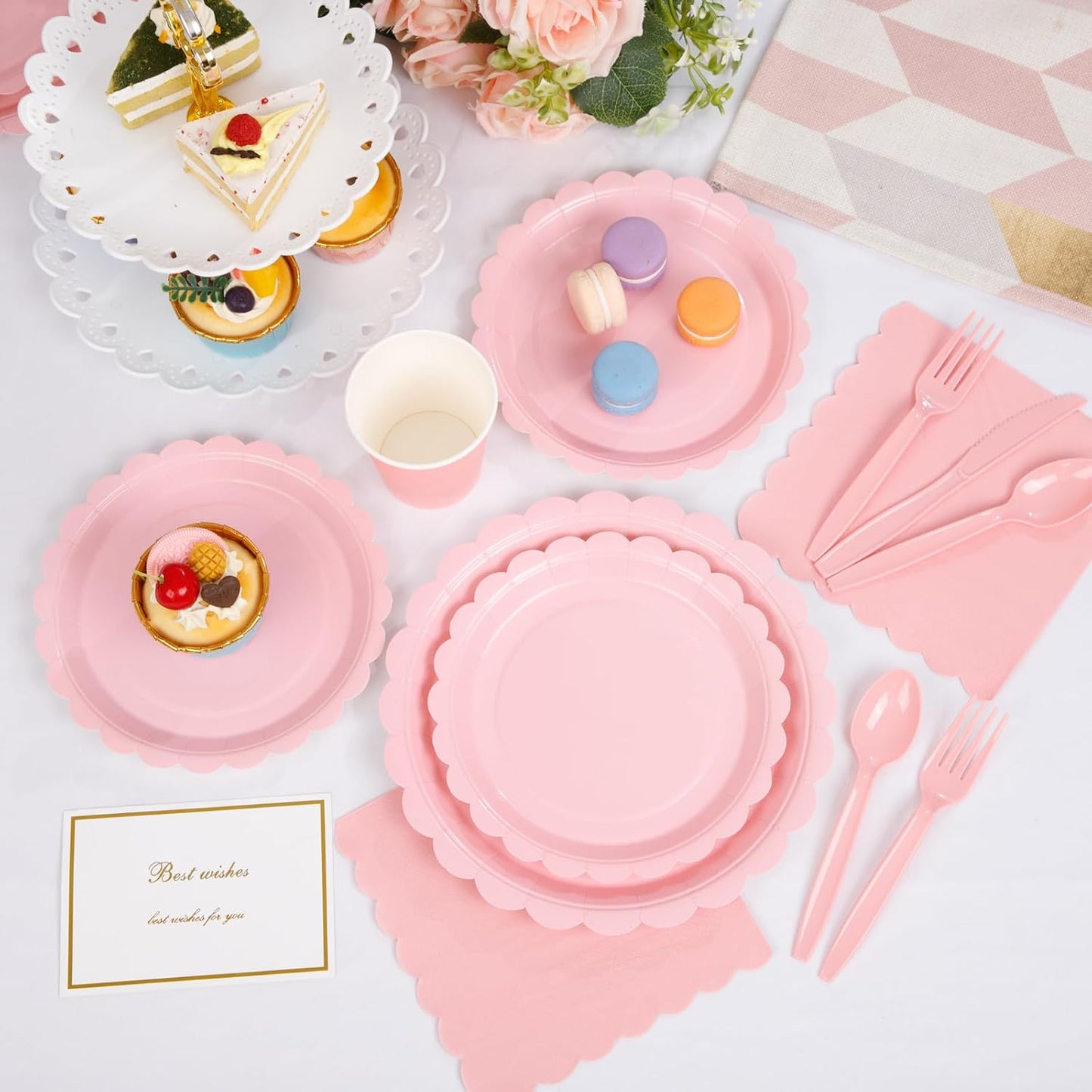 LIYH 350 Pcs Pink Paper Plates and Napkins - 50 Guest Light Pink Party Supplies Include Scalloped Plates Cups Plastic Spoons Forks Knives for Baby Shower Birthday Party