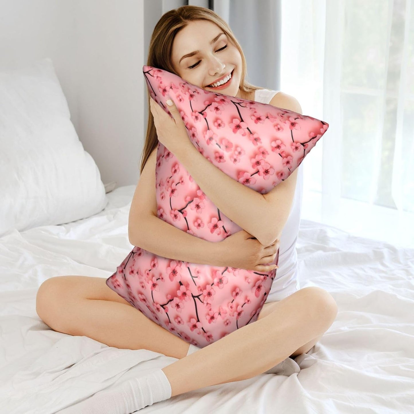 Cute Pink Peach Blossom Satin Pillowcase for Hair and Skin 20x30 in Queen Size Pillows Case Cover with Zipper (Without Inserts)
