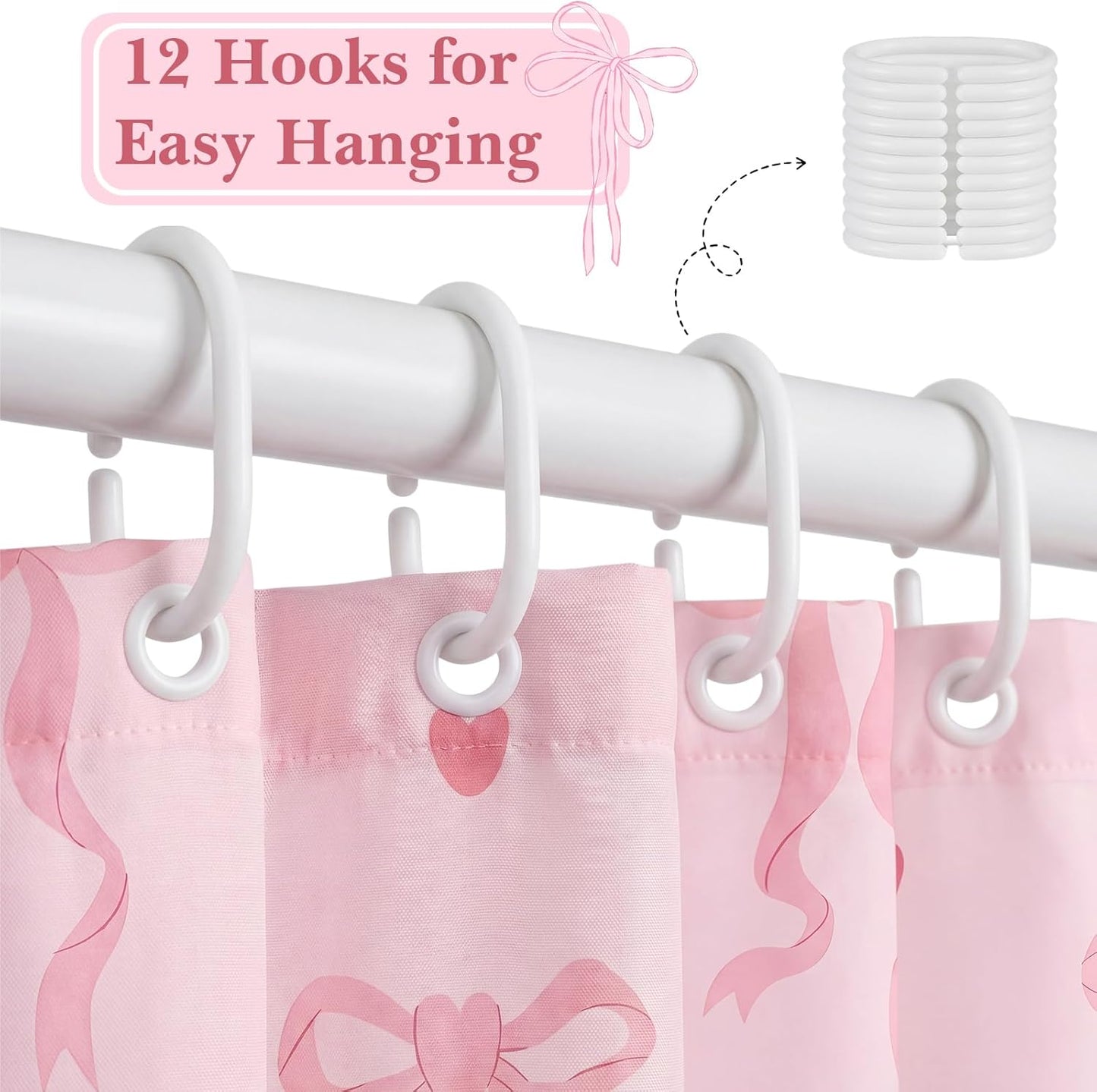 Haull Pink Bow Shower Curtain for Bathroom Coquette Preppy Curtain Decorations with 12 Hooks Pink Bow Aesthetic Bathroom Decor Waterproof Shower Accessories, 72 x 71 Inch