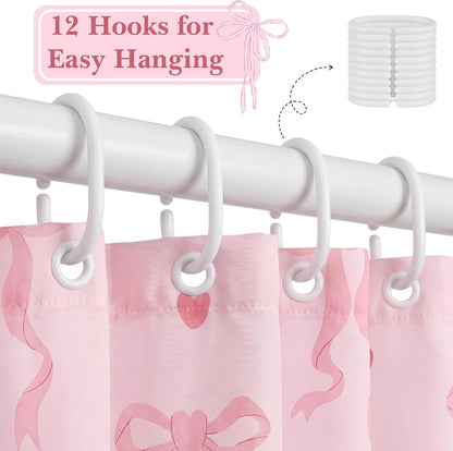 Haull Pink Bow Shower Curtain for Bathroom Coquette Preppy Curtain Decorations with 12 Hooks Pink Bow Aesthetic Bathroom Decor Waterproof Shower Accessories, 72 x 71 Inch