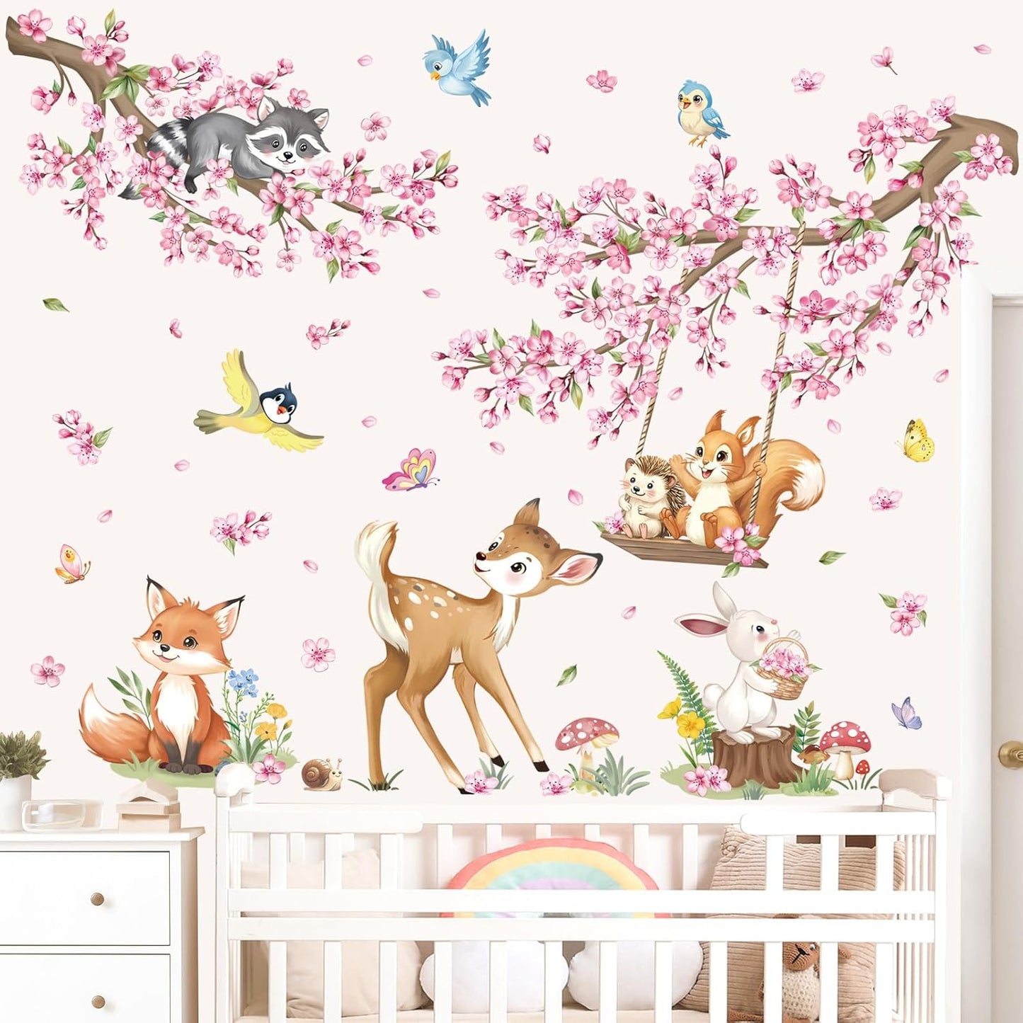 decalmile Woodland Animals Pink Flower Wall Stickers Cherry Blossom Branch Deer Fox Wall Decals Baby Nursery Kids Bedroom Living Room Home Decor