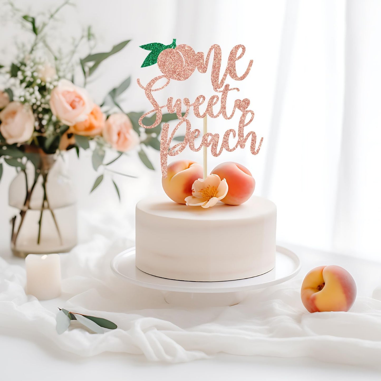 One Sweet Peach Cake Topper, Sweet as a Peach, 1st Birthday Cake Topper, Peach Baby Shower Birthday Party Decorations, Rose Gold Glitter