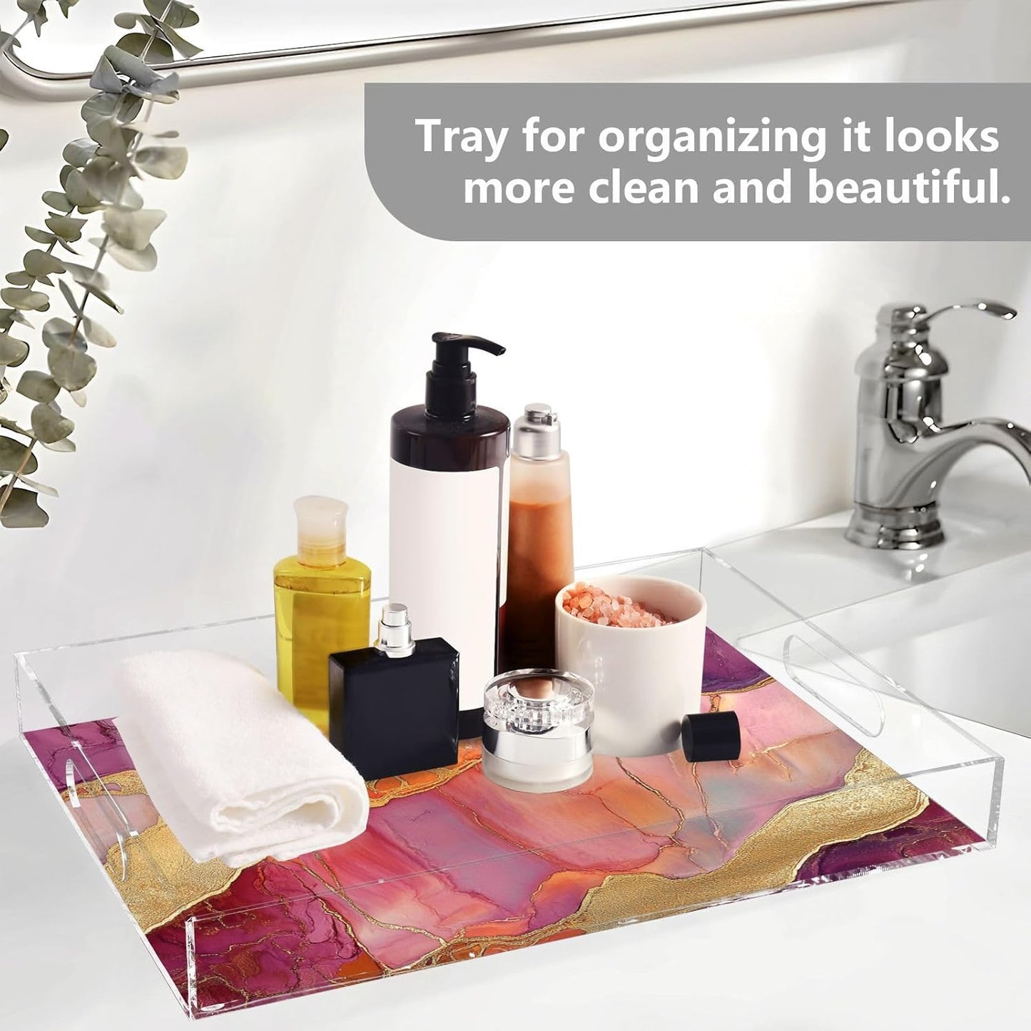 Acrylic Rectangular Tray Marble Peach Burgundy Clear Acrylic Tray with Handles 12" x 16" Serving Trays Clear Spill-Proof