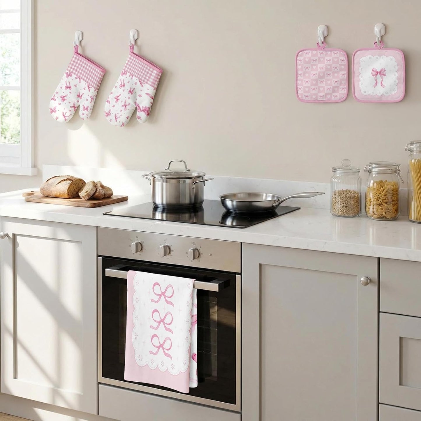 8 Pcs Pink Bow Kitchen Towels Sets with Oven Mitts and Pot Holders Pink Bow Kitchen Decor Accessories Coquette Aesthetic Absorbent Microfiber Dish Towels Set with Pot Holders for Home Cooking Gift