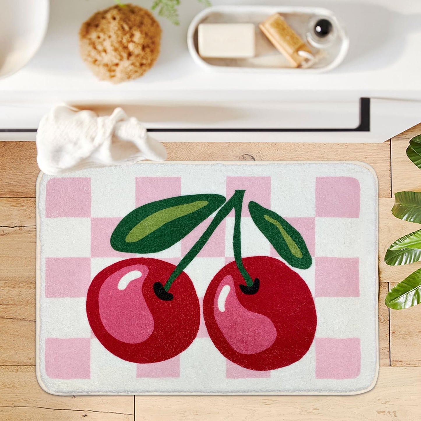 SHIYUE Cute Cherry Bath Mat for Bathroom Checkered, Non Slip Extra Soft Fluffy Absorbent Microfiber Fun Shower Decor (Pink 21"x30")