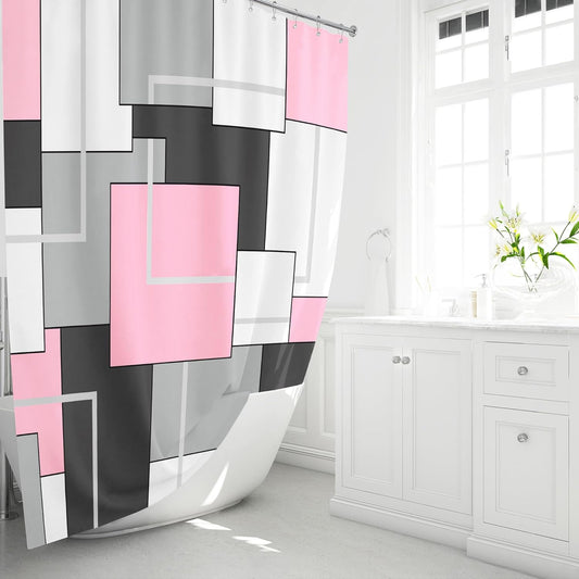 BTTN Pink Fabric Shower Curtain Set, Modern Geometric Neutral, Weighted Hem, Water Repellent, White Black Grey Decorative Polyester, 72x72