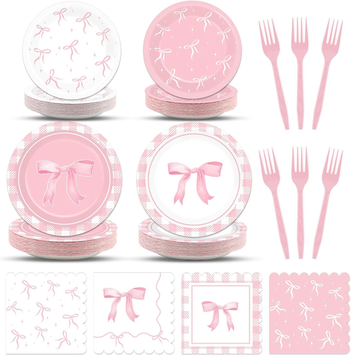 96pcs Pink Bow Party Supplies Bow Birthday Party Plates and Napkins Pink Bows Decorations for Girl Bachelorette Bridal Engagement Baby Shower Cute Tableware Dinnerware Serves 24 Guests