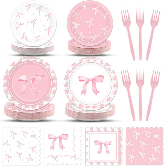 96pcs Pink Bow Party Supplies Bow Birthday Party Plates and Napkins Pink Bows Decorations for Girl Bachelorette Bridal Engagement Baby Shower Cute Tableware Dinnerware Serves 24 Guests