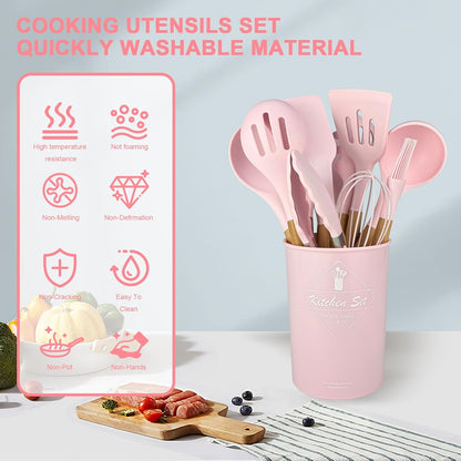 Silicone Cooking Utensils Kitchen Utensil Set - 446°F Heat Resistant Silicone Kitchen Utensils Set, Spatula,Turner Tongs, Spoon, Brush, Whisk,Kitchen Gadgets for Nonstick Cookware, BPA Free (Pink)