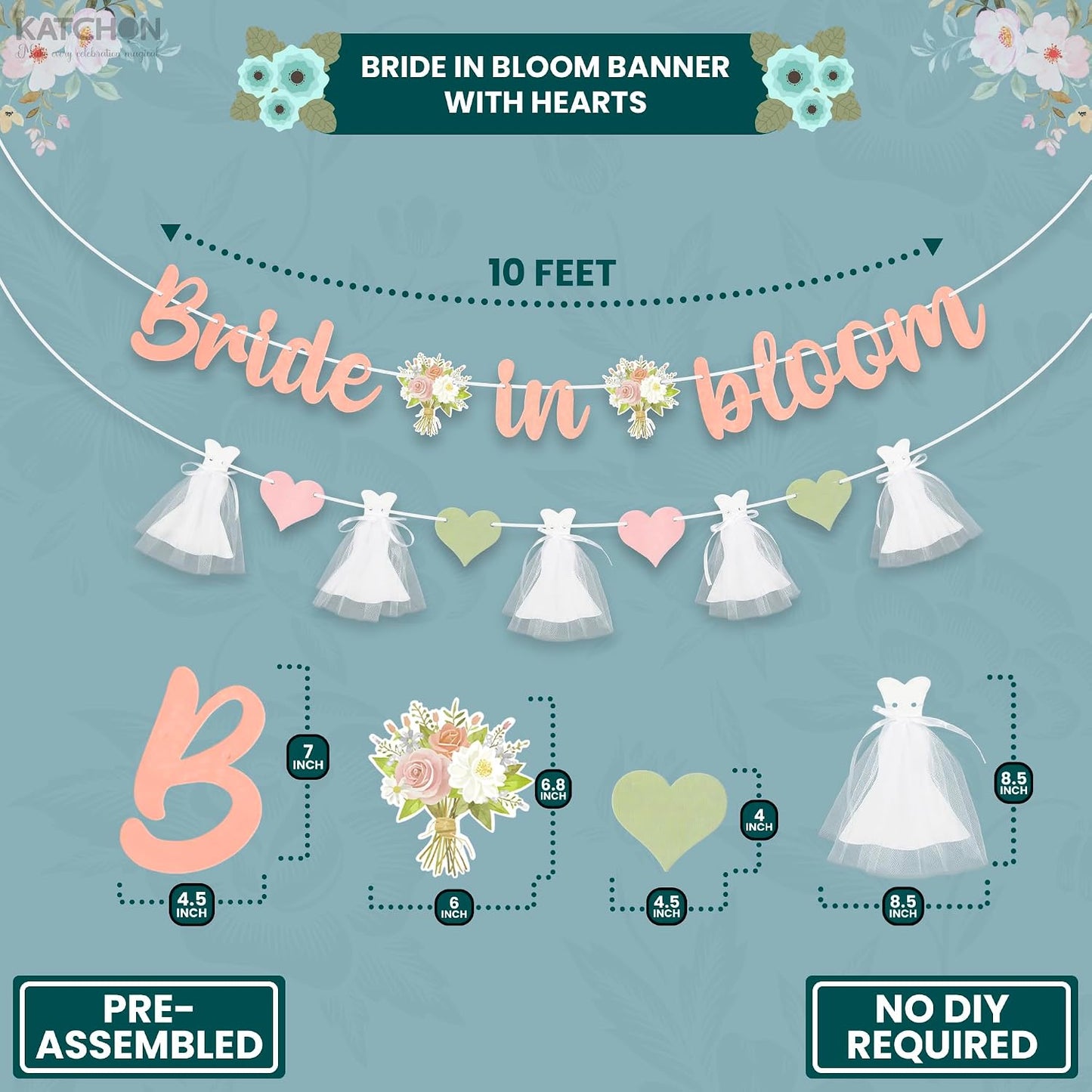KatchOn, Bride in Bloom Banner with Hearts - 10 Feet, No DIY | Peach Bride in Bloom Sign for Bachelorette Party Decorations | Bride To Be Garland for Bridal Shower Decorations, wedding shower decor