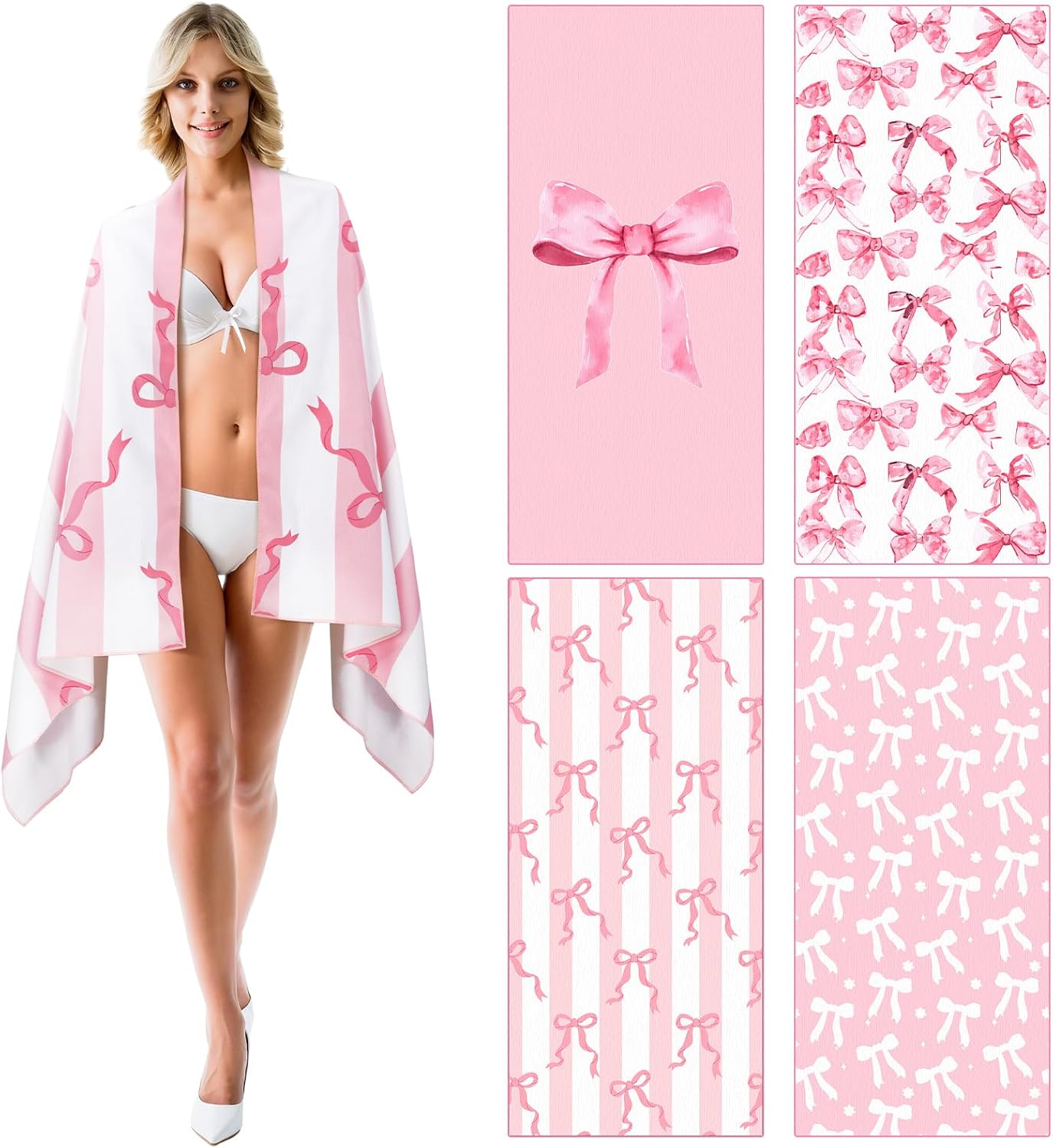 Haull 4 Pack Coquette Pink Bow Microfiber Beach Towel 75'' x 35'' Soft Oversized Bow Pool Bath Towels Absorbent Quick Dry Camping for Bathroom Gym Yoga, Pink Gifts for Girls Lady