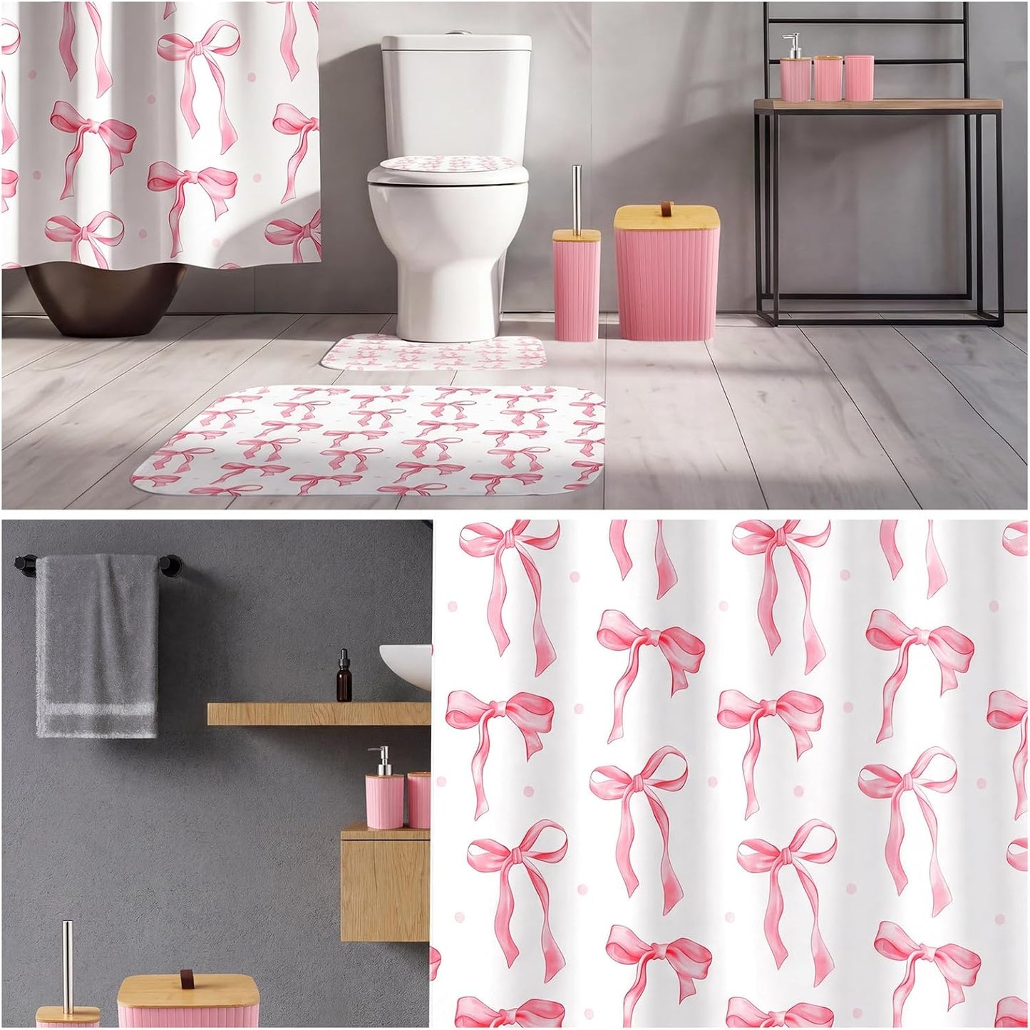 Patelai 10 Pcs Pink Bow Bathroom Accessories Set Cute Coquette Shower Curtain and Rugs Aesthetic Girly Bow Farmhouse Bathroom Decor Trash Can Soap Dish Toilet Lid Cover Toothbrush Holder Cup for Home