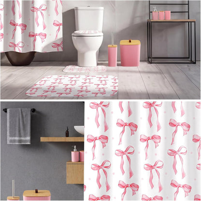 Patelai 10 Pcs Pink Bow Bathroom Accessories Set Cute Coquette Shower Curtain and Rugs Aesthetic Girly Bow Farmhouse Bathroom Decor Trash Can Soap Dish Toilet Lid Cover Toothbrush Holder Cup for Home