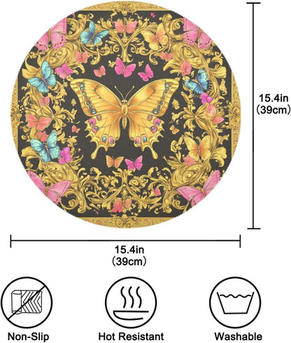 Retro Butterflies Pattern Gold and Peach Summer Round placemats Reversible Quilted placemat placemat Washable Wipe Clean placemats for Dining Table placemats Heat Resistant Waterproof Dinning