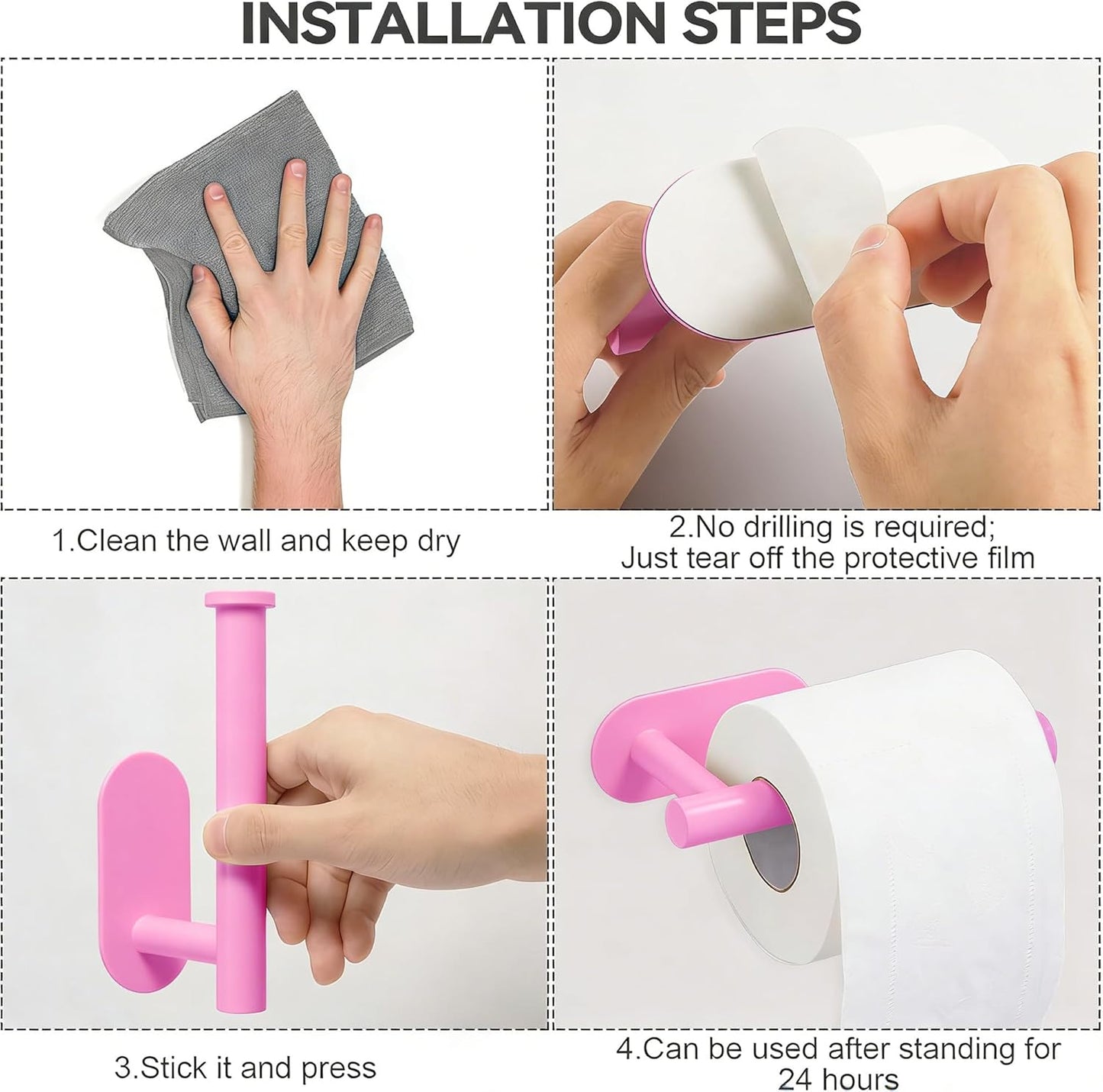 Pink Toilet Paper Holder, Self Adhesive Toilet Paper Roll Holder No Drilling Wall Mount for Bathroom, Toilet