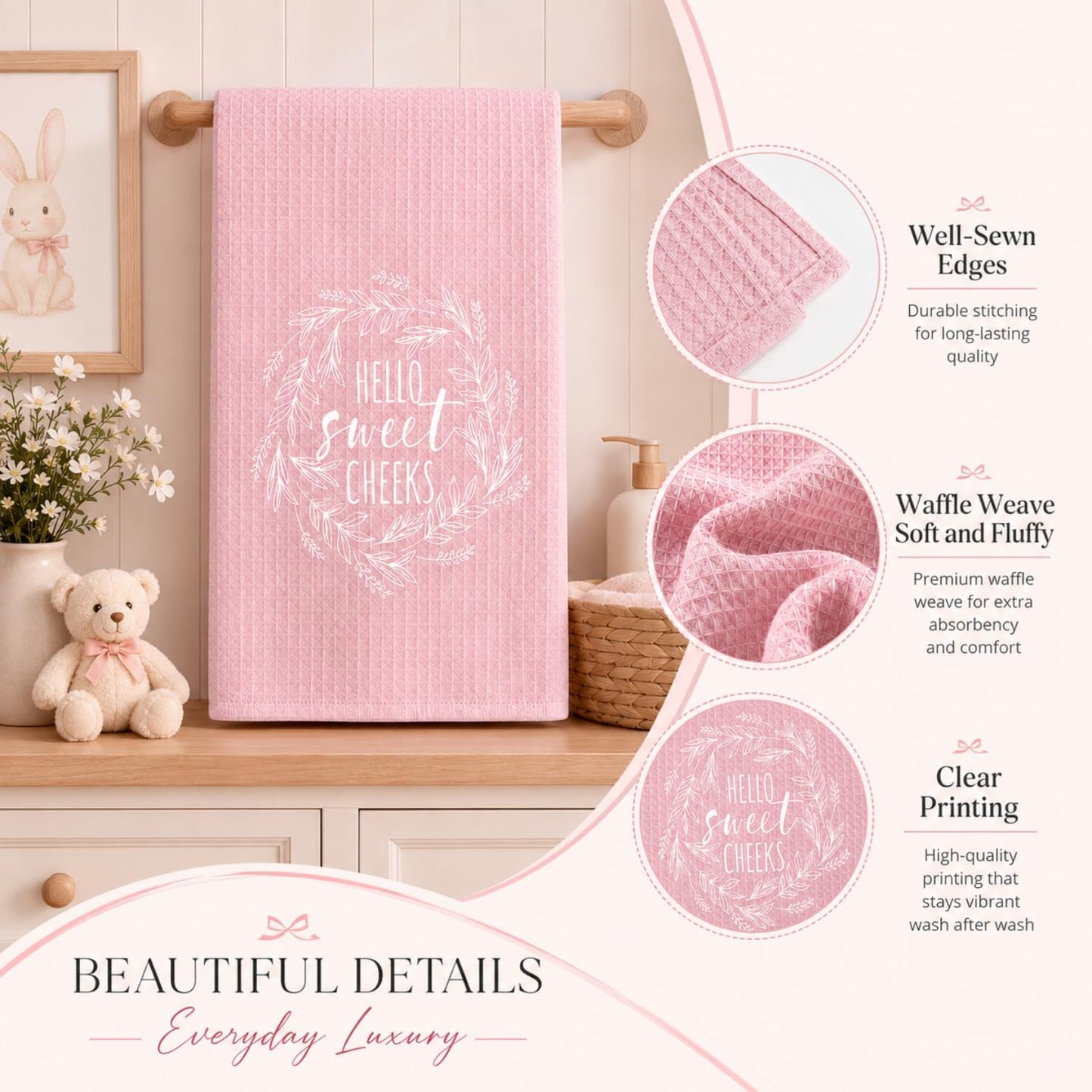 wuguimeii Funny Pink Bathroom Hand Towels - Hello Sweet Cheeks Decorative Kitchen Rustic Bath Towel - Pink Bathroom Accessories Waffle Towel for Farmhouse Restroom 16X24 Inches