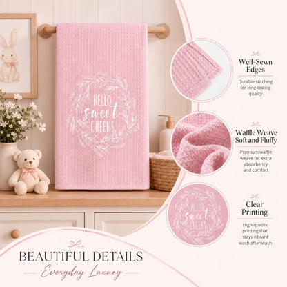 wuguimeii Funny Pink Bathroom Hand Towels - Hello Sweet Cheeks Decorative Kitchen Rustic Bath Towel - Pink Bathroom Accessories Waffle Towel for Farmhouse Restroom 16X24 Inches