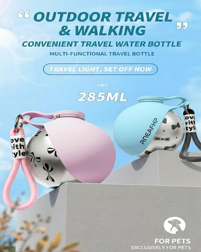 Dog Water Bottle with Bowl 2-in-1 Portable Leak Proof 10 OZ Puppy Travel Drink Dispenser for Large Medium Small Breeds Stainless Steel Hydration Tumbler Buddy Cup for Dogs Pets Outdoor(Pink A)
