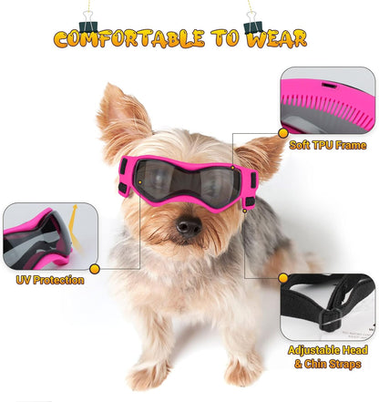 Small Breed Dog Goggles, Pink Sunglasses with UV Protection and Adjustable Straps