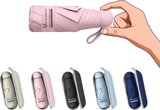 BAODINI Travel Essentials Mini Umbrella for Purse With Case Small Compact UV Sun Protection Lightweight Tiny Pocket Manual Open Close Umbrella for Women Kids and Men Fits Purse Backpack