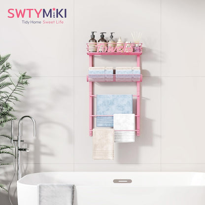 SWTYMIKI SWTYMIKI Over the Door Towel Racks for Bathroom - 5-Tier Wall Mounted Bathroom Towel Storage Organizer Holder with Metal Shelf, Pink