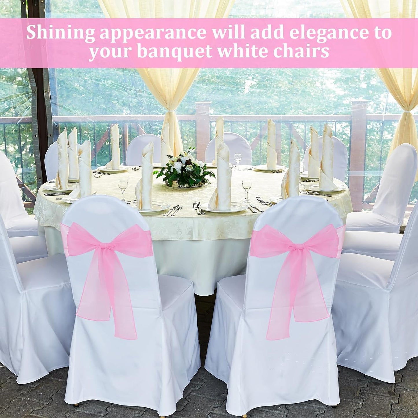 10PCS Pink Chair Sashes, Organza Elegant Chair Bows Sheer Ribbon Tie Back Universal Chiffon Knots Ties for Wedding Banquet Party Decoration Classroom