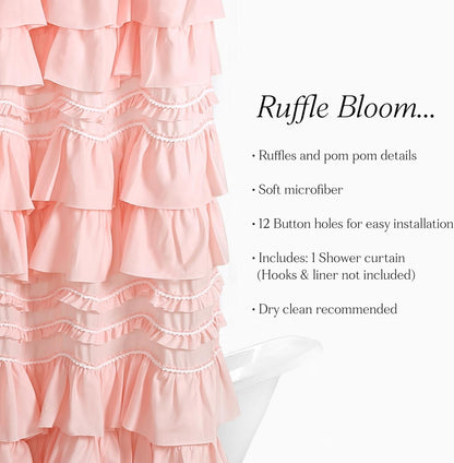 Lush Decor Kemmy Ruffled Shower Curtain, Single, 72" W x 72" L, Peachy Pink - Bathroom Curtain - Fabric Shower Curtains for Bathroom - Coquette Decor