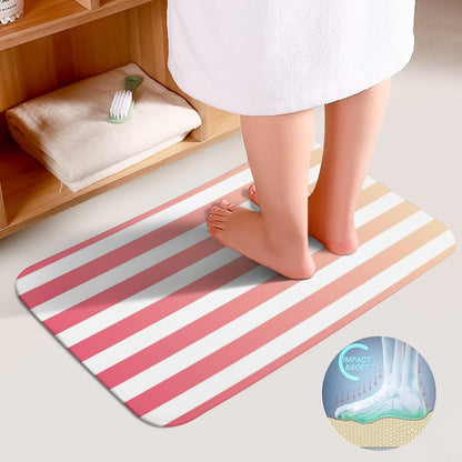 3 Pieces Bath Rug Sets, Non-Slip Absorbent Bathroom Mats, Girly Pink Peach Ombre Stripes Bath Carpet with U-Shaped Contour Rug & Toilet Lid Cover