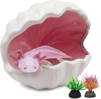 Axolotl Tank Accessories - Extra Large Ceramic Fish Tank Cave with 2PCS Artificial Plants, Double Sided Glaze Shell Shape Hideout, Aquarium Hides Cave Decor Shelter for Betta, Pet Frog, Fish(Pink)