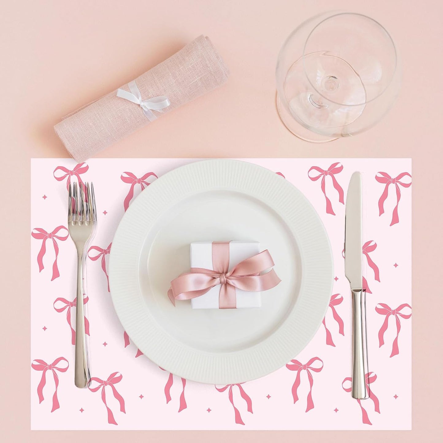 FYSUIMU 50Pcs Pink Bow Paper Placemats Cute Coquette Bow Dinner Mats Disposable Table Mats for Wedding Baby Shower Birthday Bachelorette Party Table Setting