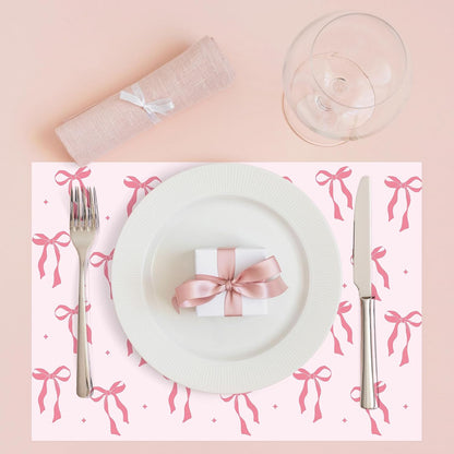FYSUIMU 50Pcs Pink Bow Paper Placemats Cute Coquette Bow Dinner Mats Disposable Table Mats for Wedding Baby Shower Birthday Bachelorette Party Table Setting