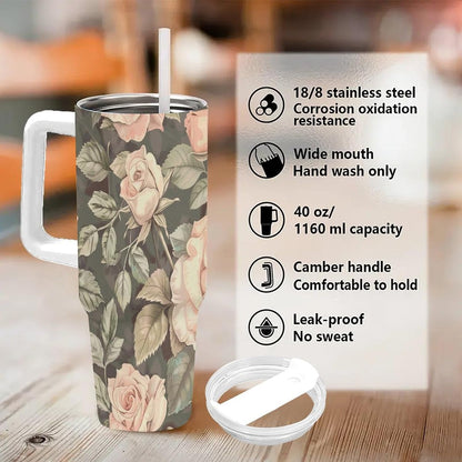 40oz Tumbler with Handle, Peach Roses Green Leaves Pattern Printed Stainless Steel Travel Mug, Insulated Car Cup with Straw, Keeps Drinks Hot & Cold, Personalized Gift for Women & Men