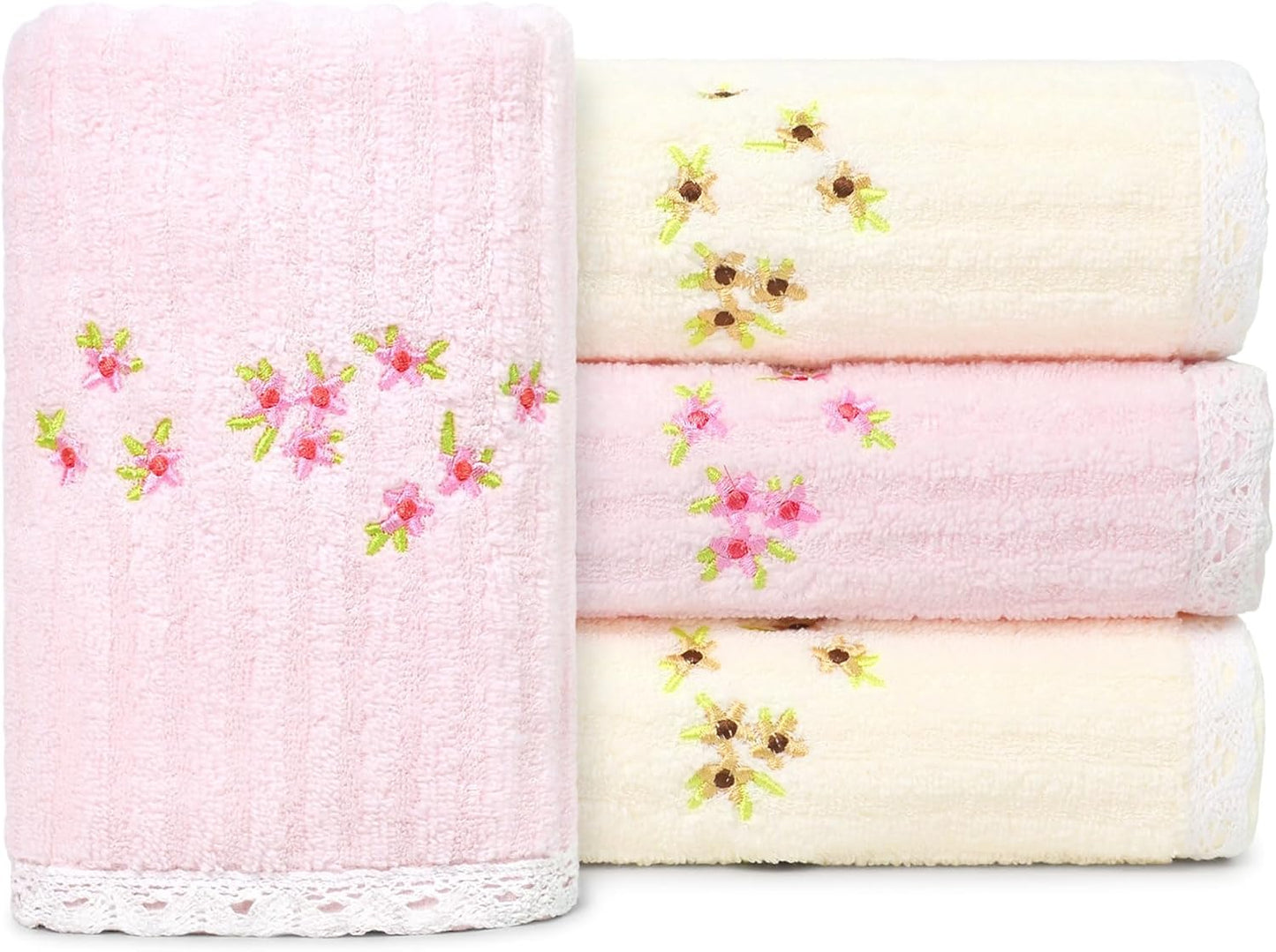 Jacquotha Hand Towels for Bathroom (Pink & Cream) – Soft Cotton, 13x29 Inches, Embroidered Flowers, 4 Pack Decorative Towels for Spring Kitchen Decor