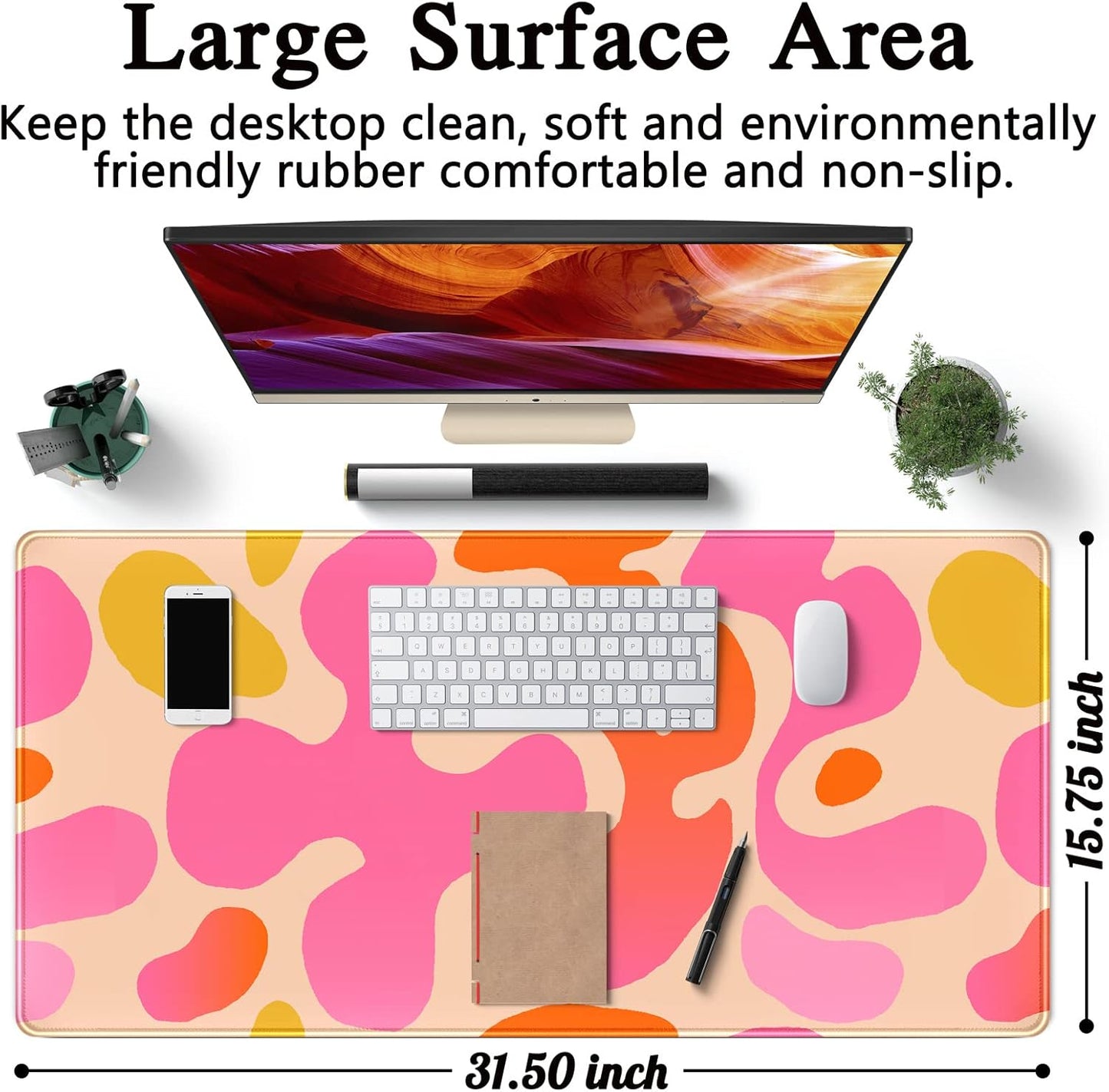 Pink Desk Mat Modern Abstract Large Mouse Pad XXL Cute Pink Desk Pad Keyboard Mat, Desk Accessories for Women Office Decor, Extended Mousepad 31.5''X15.7'' Non-Slip Rubber Base with Stitched Edges