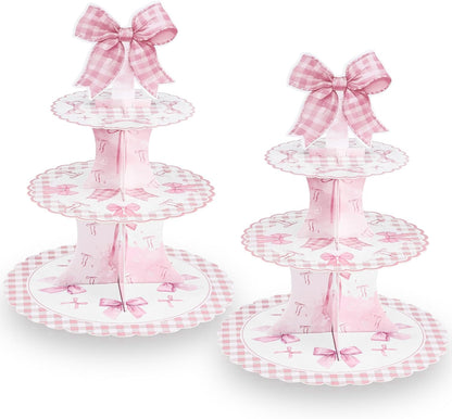 NatNarr 2 Pack Pink Bow Birthday Decorations Bow Cupcake Stand Coquette Theme Birthday Decorations for Women Girls Bachelorette Bridal Engagement Wedding Baby Shower Supplies