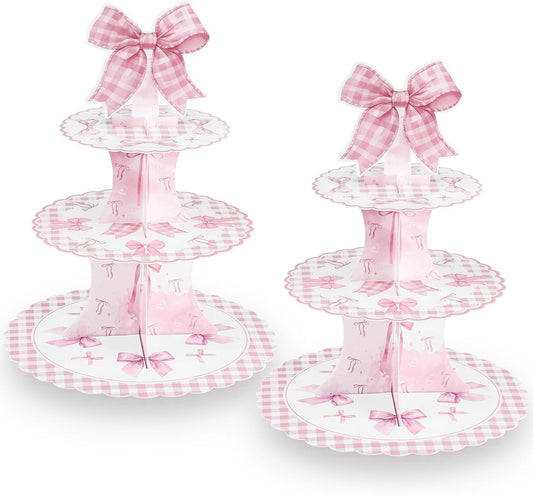 NatNarr 2 Pack Pink Bow Birthday Decorations Bow Cupcake Stand Coquette Theme Birthday Decorations for Women Girls Bachelorette Bridal Engagement Wedding Baby Shower Supplies